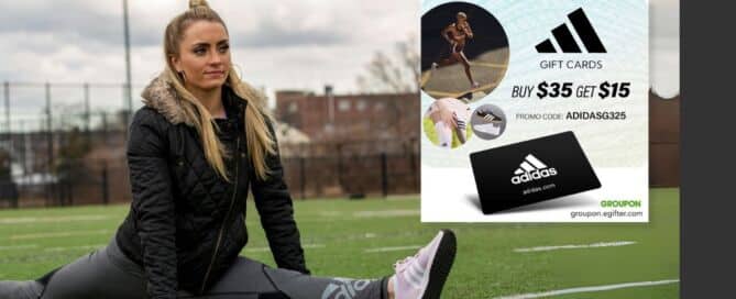 woman in adidas shoes stretching on field