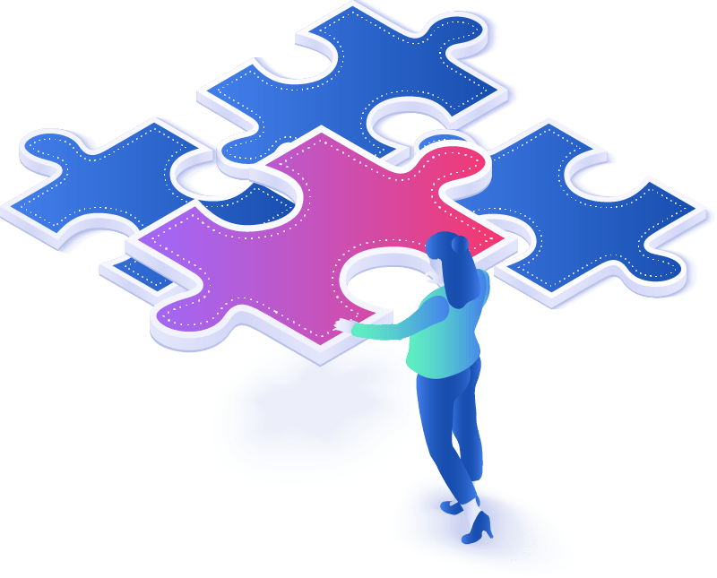 An illustration of a person trying to fit an odd puzzle piece.