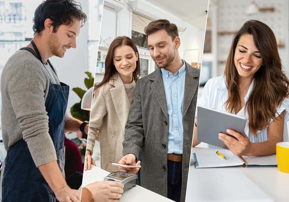 Client Industries Images of hospitality, retail and finance individuals.