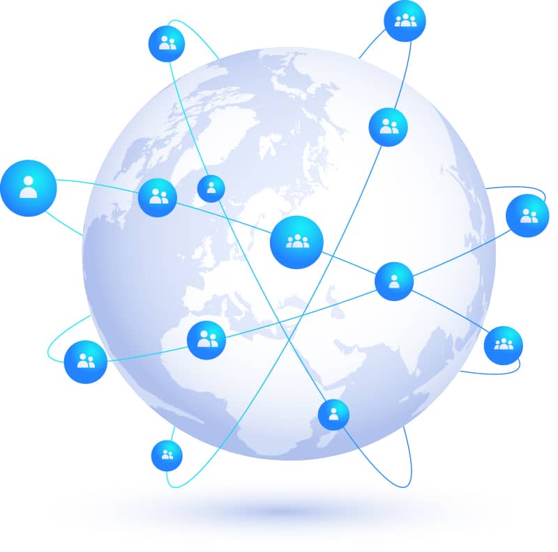 An illustration of a globe with people connections around it.
