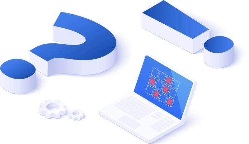 An illustration of a laptop, a question mark and an exclamation.