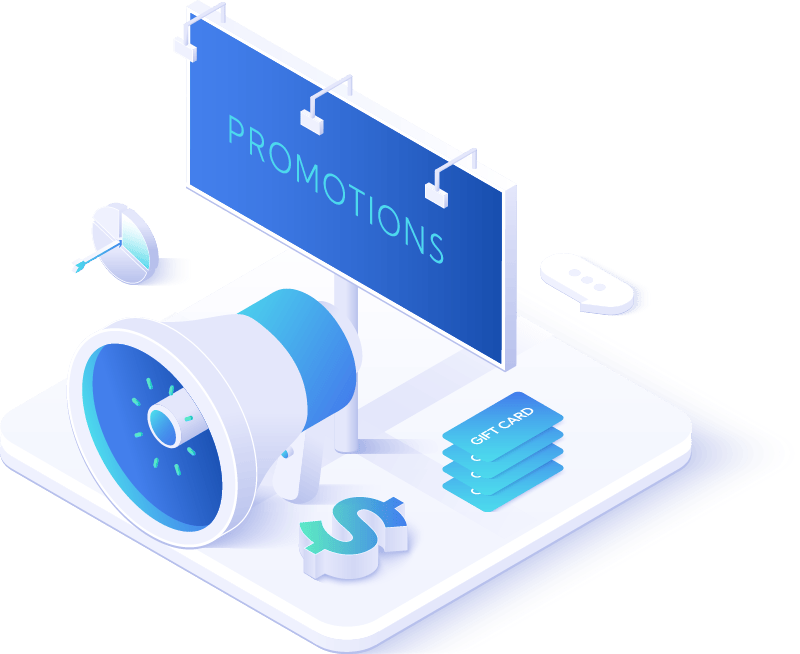 An illustration of marketing icons with a billboard with the word Promotions on it.