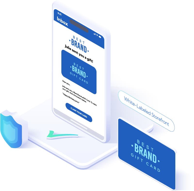 A mobile device with a white-labeled gift card being sent to a user.