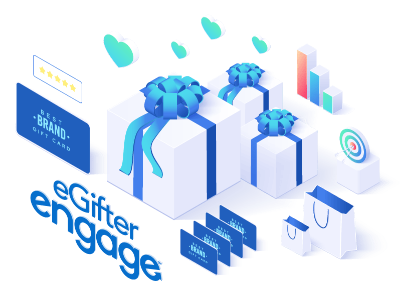 An illustration of gift boxes, hearts, gift bags, gift cards, charts and the eGifter Engage logo.