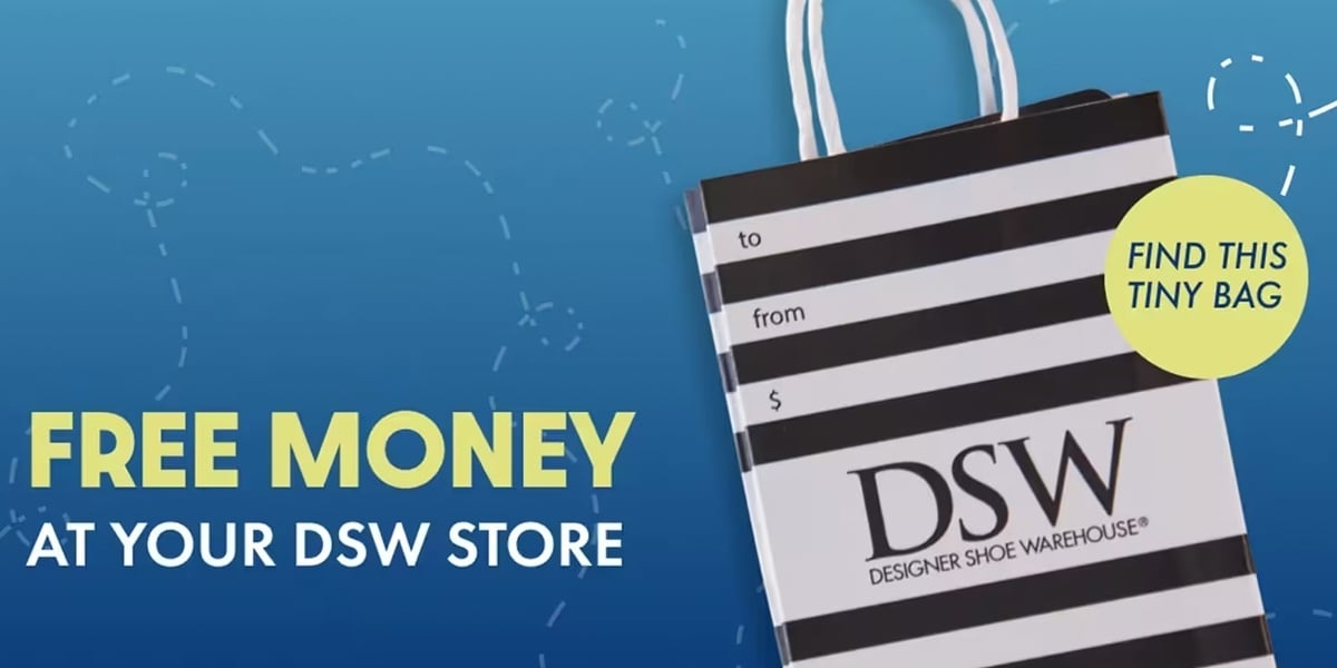 free money ad at dsw man walking with shopping bags
