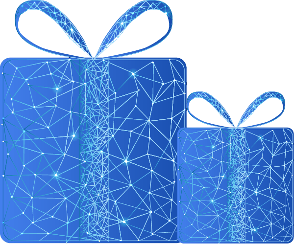 Two digital gift boxes made of blue geometric lines and glowing network nodes, symbolizing technology-powered gifting.