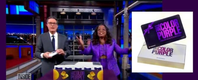 Oprah Winfrey on The Late Show with Stephen Colbert surprising the audience with gift boxes containing tickets to The Color Purple, alongside a promotional image of the Fandango gift box and ticket card from Oprah.com.