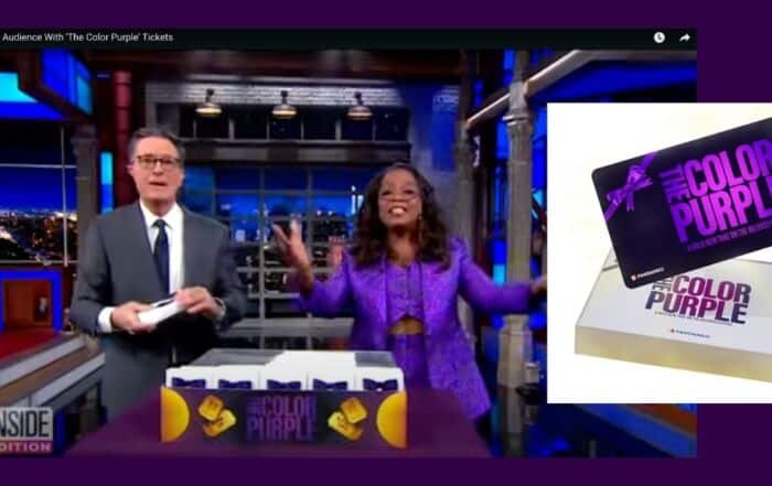 Oprah Winfrey on The Late Show with Stephen Colbert surprising the audience with gift boxes containing tickets to The Color Purple, alongside a promotional image of the Fandango gift box and ticket card from Oprah.com.