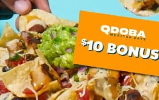QDOBA bonus gift card with an image of someone scooping nachos into guacamole