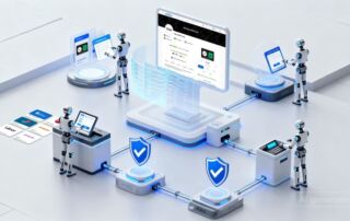 Futuristic AI robots collaboratively manage a secure digital gift card platform. The scene shows humanoid robots interacting with various digital interfaces, displaying brand gift cards like Uber and Domino’s, a central eGifter screen, shield icons symbolizing security, and a network of connected systems—visually representing agentic commerce and AI-powered automation.