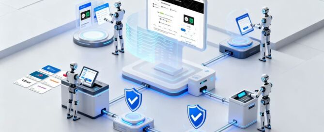 Futuristic AI robots collaboratively manage a secure digital gift card platform. The scene shows humanoid robots interacting with various digital interfaces, displaying brand gift cards like Uber and Domino’s, a central eGifter screen, shield icons symbolizing security, and a network of connected systems—visually representing agentic commerce and AI-powered automation.