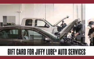 Jiffy Lube gift card promotional image showing mechanics working on cars inside a service bay, overlaid with the text “Gift Card for Jiffy Lube® Auto Services” and framed by maroon header and footer bars.
