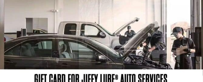 Jiffy Lube gift card promotional image showing mechanics working on cars inside a service bay, overlaid with the text “Gift Card for Jiffy Lube® Auto Services” and framed by maroon header and footer bars.