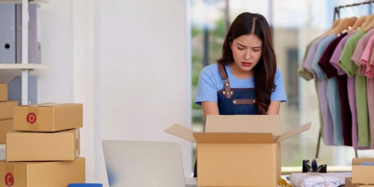 Concerned online store owner looking into a returned package with frustration, surrounded by shipping boxes and merchandise.