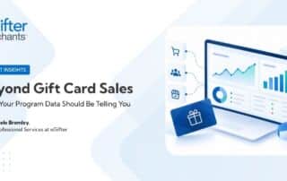 eGifter Merchants Expert Insights graphic for “Beyond Gift Card Sales: What Your Program Data Should Be Telling You,” featuring Nicole Bromley, VP of Professional Services at eGifter. Illustration shows a gift card alongside an analytics dashboard with sales charts and connected retail and customer icons.