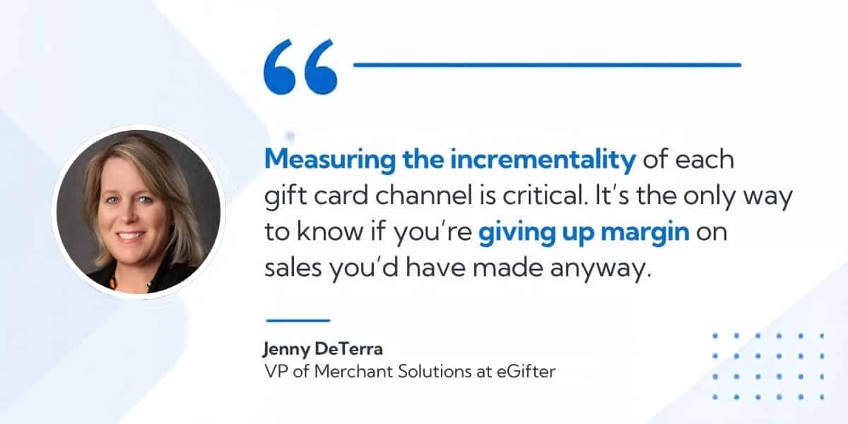 Jenny DeTerra, VP of Merchant Solutions at eGifter: "Measuring the incrementality of each gift card channel is critical. It's the only way to know if you're giving up margin on sales you'd have made anyway."